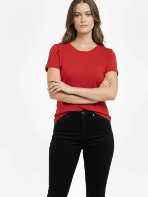 Damski czerwony slim fit T-shirt z dekoltem w serek, elastyczny