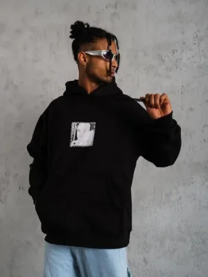 Men's Black Oversize 3-Thread Cotton Hooded Printed Sweatshirt