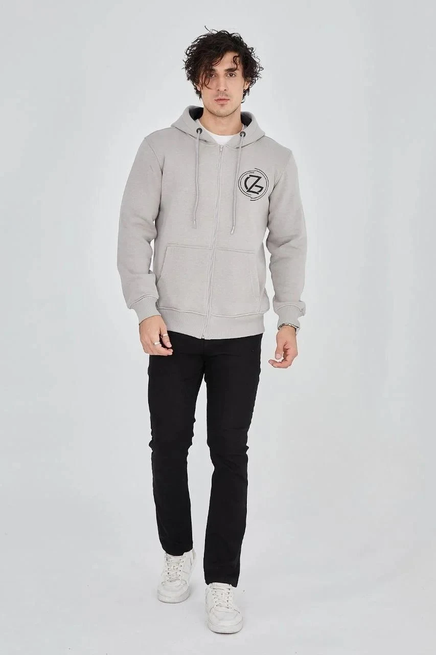 Burra Ngjyrë Gri E Lyer 3 Fije Pambuku Me Kapuç Me Zinxhir Me Printim Hoodie
