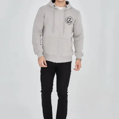 Burra Ngjyrë Gri E Lyer 3 Fije Pambuku Me Kapuç Me Zinxhir Me Printim Hoodie 1