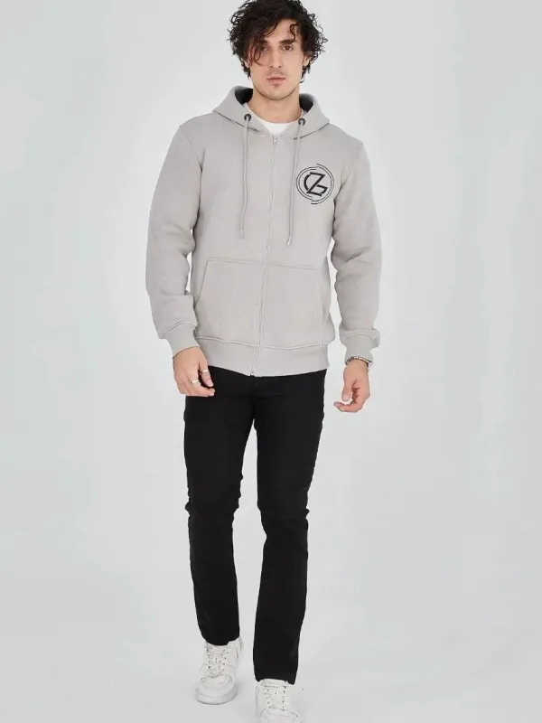 Burra Ngjyrë Gri E Lyer 3 Fije Pambuku Me Kapuç Me Zinxhir Me Printim Hoodie 1