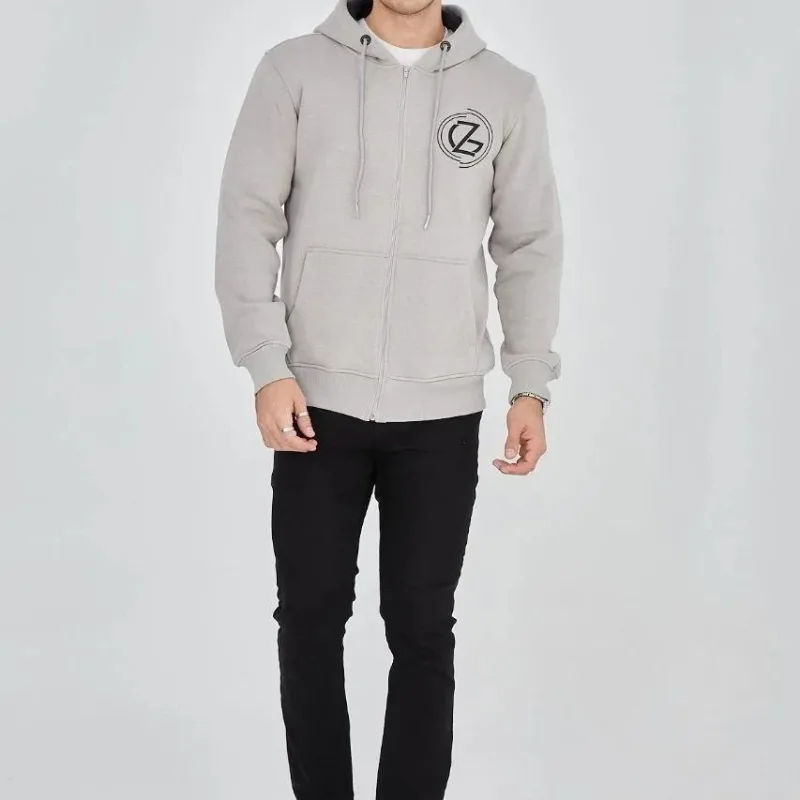 Muški bojani sivi 3-nitni pamučni patentni zatvarač kapuljača tiskani hoodie