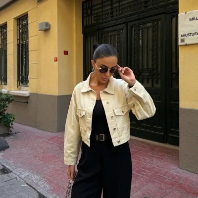 Çift Cep Denim Crop Ceket Bej 4