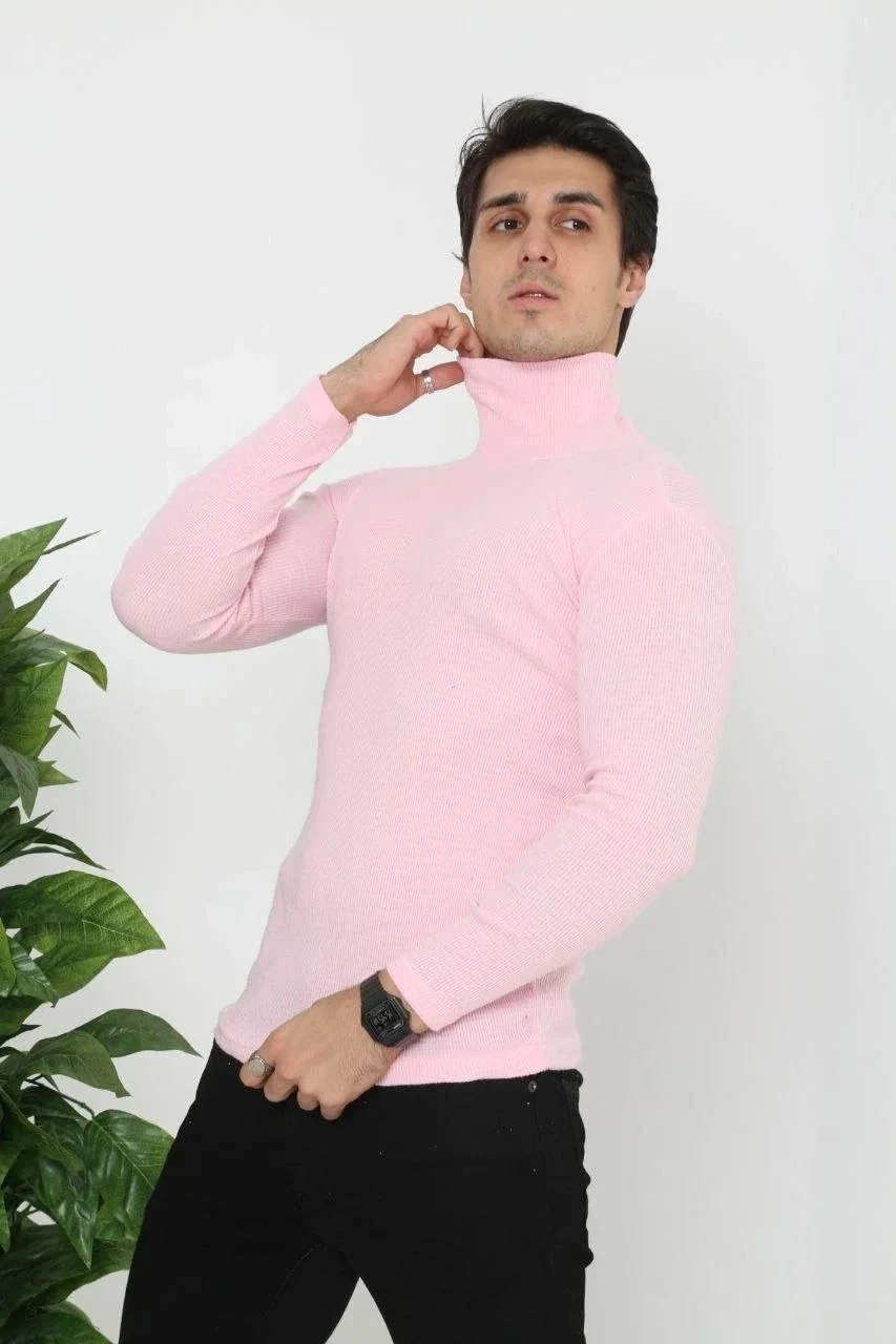 Férfi Porrózsaszín Slim Fit Likrás Nyakú Bordás Body