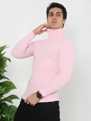 Férfi Porrózsaszín Slim Fit Likrás Nyakú Bordás Body