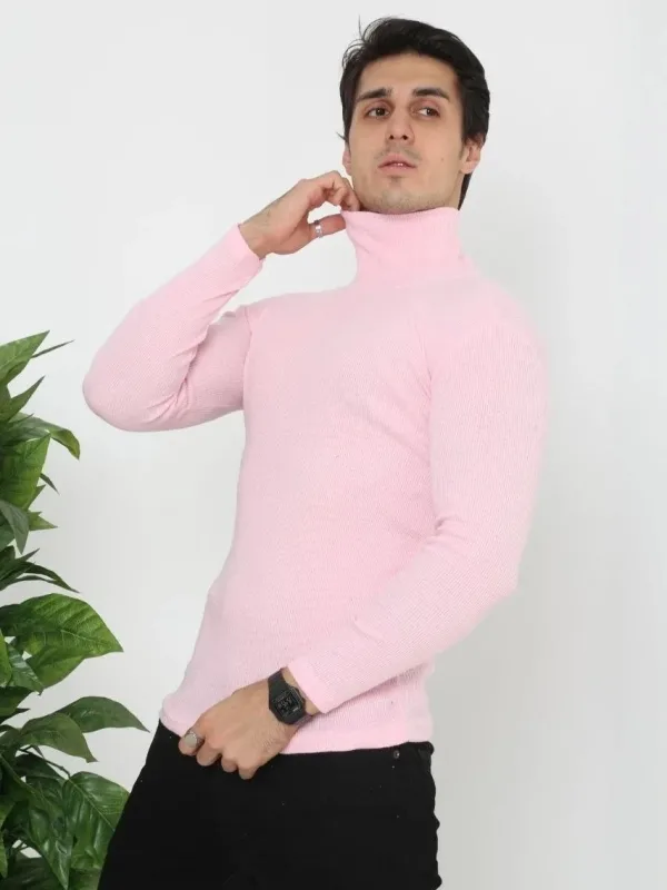 Férfi Porrózsaszín Slim Fit Likrás Nyakú Bordás Body 1