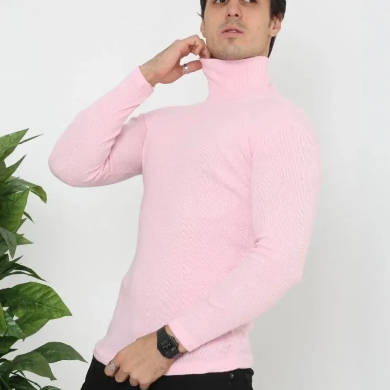 Men's Dusty Pink Slim Fit Stretch Turtleneck Ribbed Bodysuit