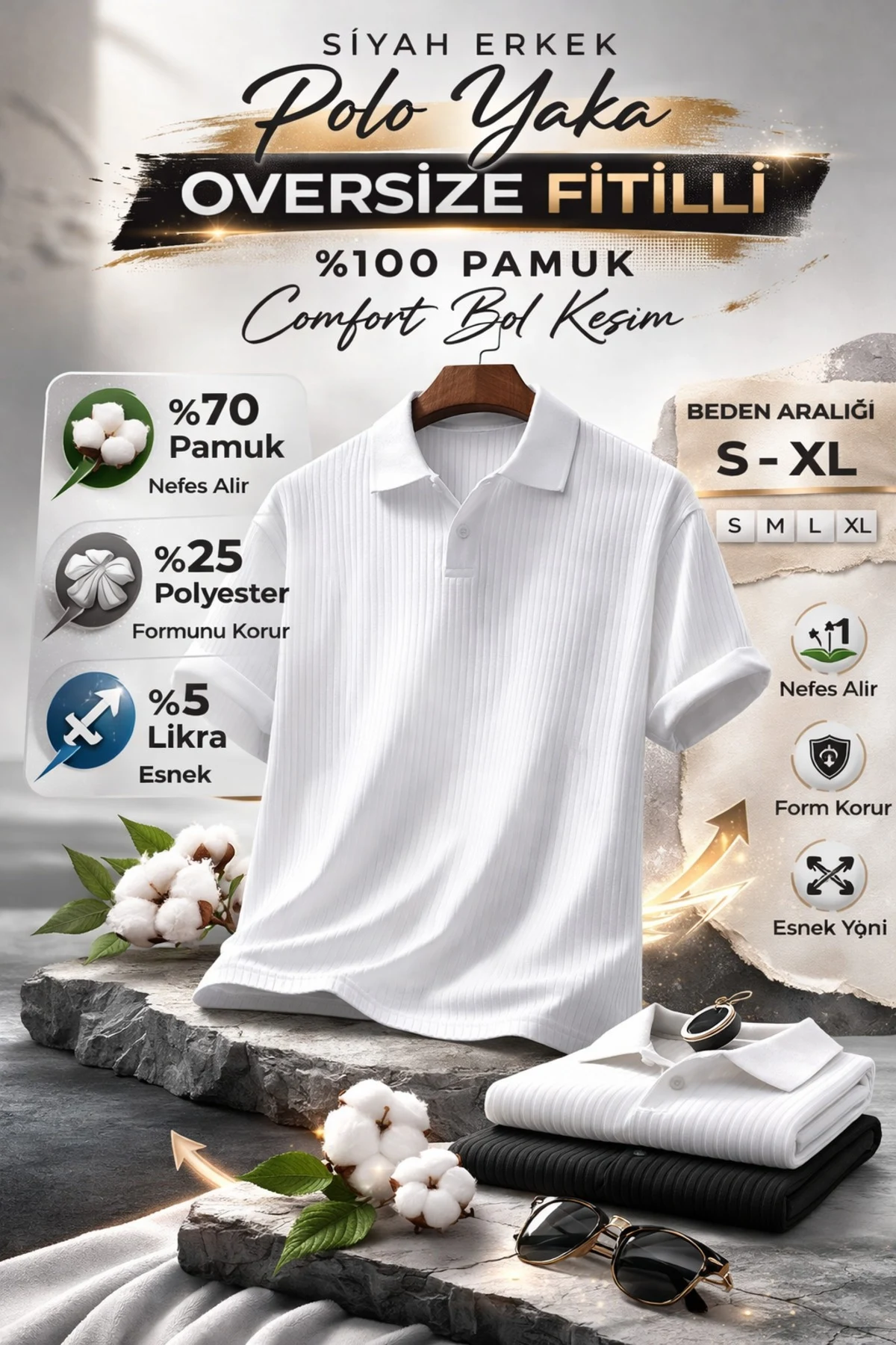 Bijela oversize rebrasta pamuk polo ovratnik majica