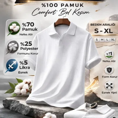 Bianco Oversize Costina Cotone Polo Collo T-Shirt 1