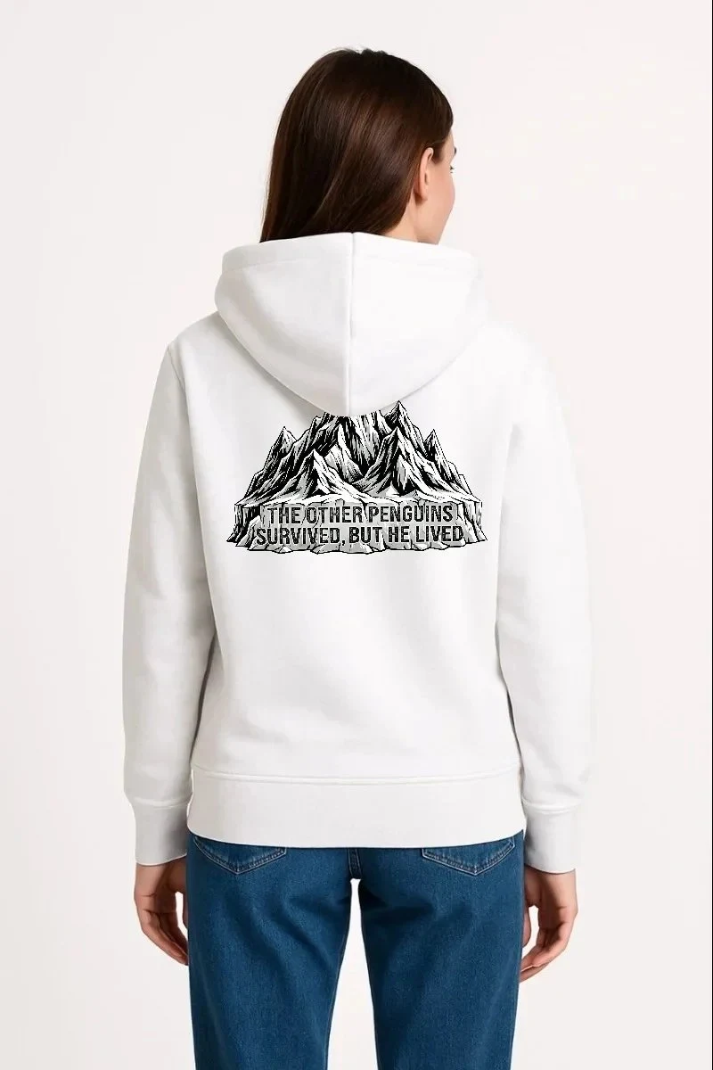 Női Fehér 3 Szálas Pamut Kapucnis Pingvin Nyomott Sweatshirt