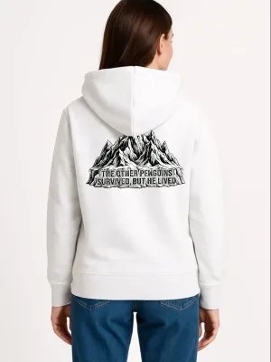 Női Fehér 3 Szálas Pamut Kapucnis Pingvin Nyomott Sweatshirt
