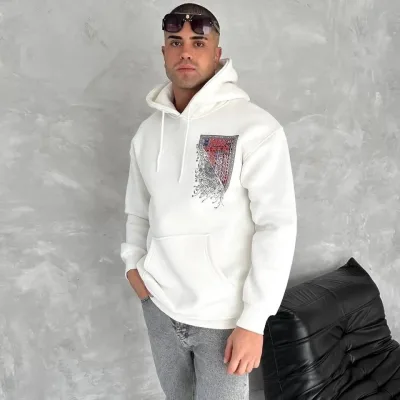 Muška bijela 3 niti pamučna tiskani kapuljača džep klokana sweatshirt 8