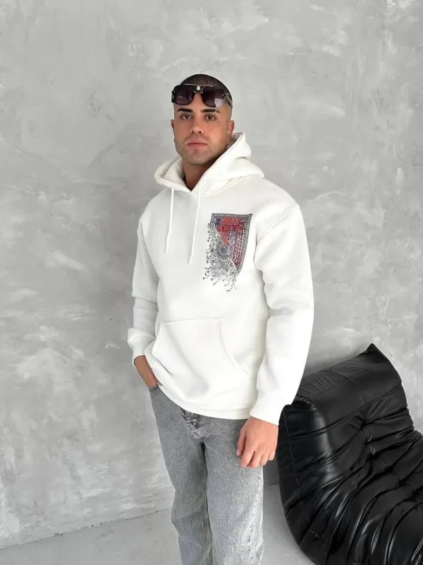 Muška bijela 3 niti pamučna tiskani kapuljača džep klokana sweatshirt 8