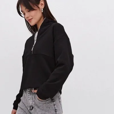 Damski Czarny Oversize 3-nitkowy Bawełniany Półzamknięty Sweatshirt 2