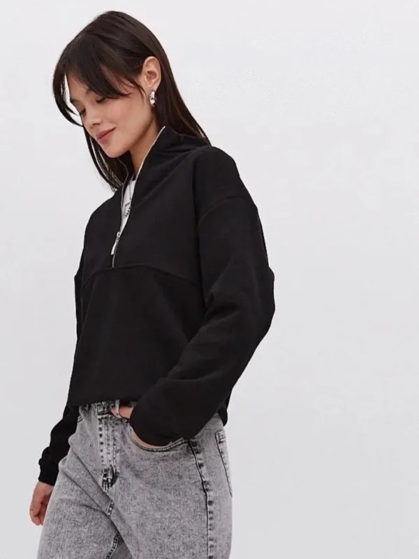 Damski Czarny Oversize 3-nitkowy Bawełniany Półzamknięty Sweatshirt 2
