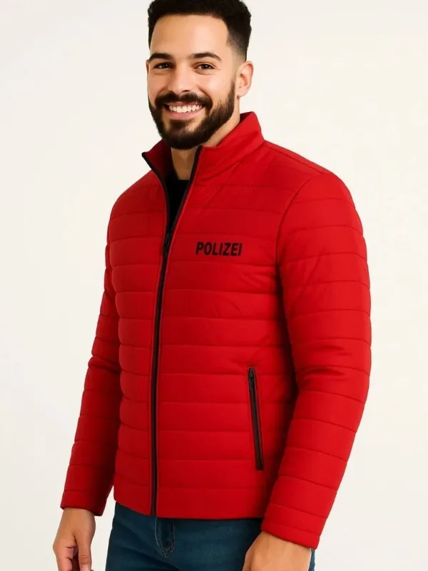 Men's Red Micro Water Repellent Quilted Printed Zippered Bomber Jacket 4