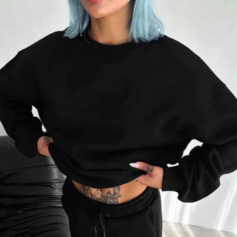 Ženska crna 3 niti pamučna basic bicikli kragna sweatshirt