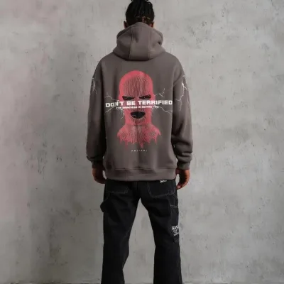 Men's Gray Oversize 3-Thread Cotton Hooded Printed Sweatshirt 5