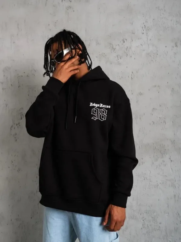 Muški crni 3-nitni pamučni kapuljačasti tiskani sweatshirt