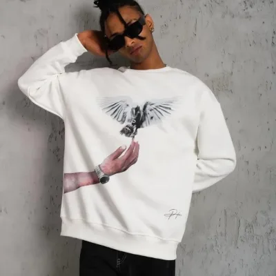 Férfi Fehér 3 Szálas Pamut Galamb Nyomott Kerékpárnyakú Sweatshirt 4