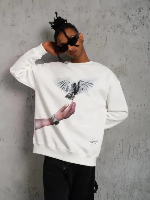 Férfi Fehér 3 Szálas Pamut Galamb Nyomott Kerékpárnyakú Sweatshirt 4