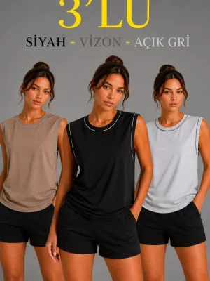 Γυναικείο Σετ 3 Τεμαχίων Αμάνικο Αθλητικό Tank Top με Στρογγυλή Λαιμόκοψη