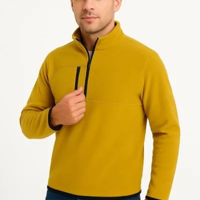 Galben Bărbat Guler Drept Jumătate Fermoar Cu Buzunar Polar Tricou 1