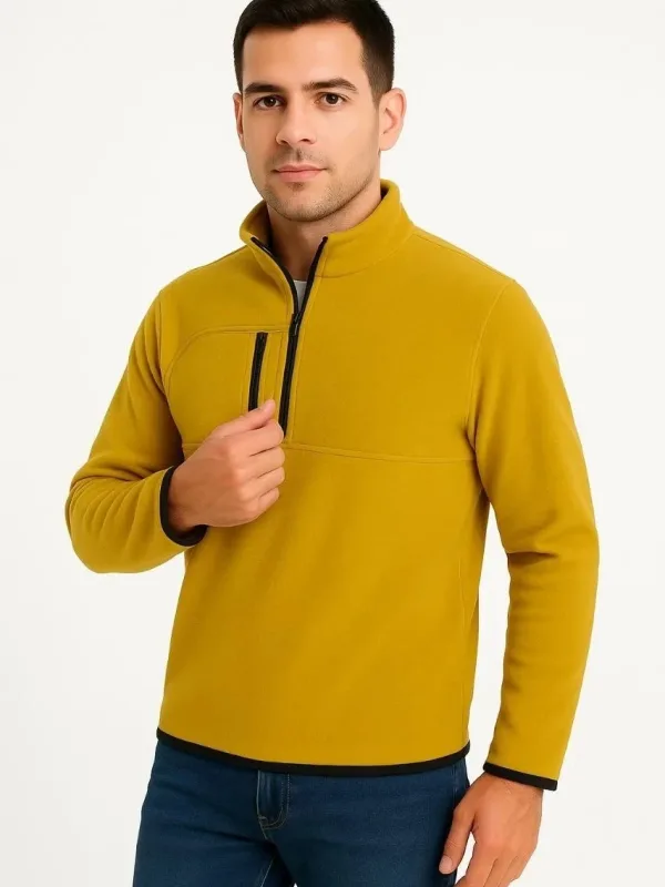 Galben Bărbat Guler Drept Jumătate Fermoar Cu Buzunar Polar Tricou 1