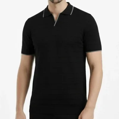 Men's Black Woven Knit Buttonless Polo Neck Short Sleeve T-Shirt 2