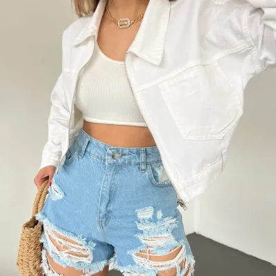 Fermuarlı Cibli Denim Ceket Ağ 4