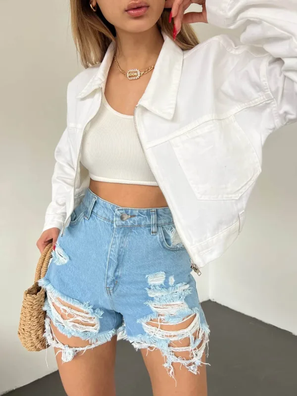 Fermuarlı Cibli Denim Ceket Ağ 4
