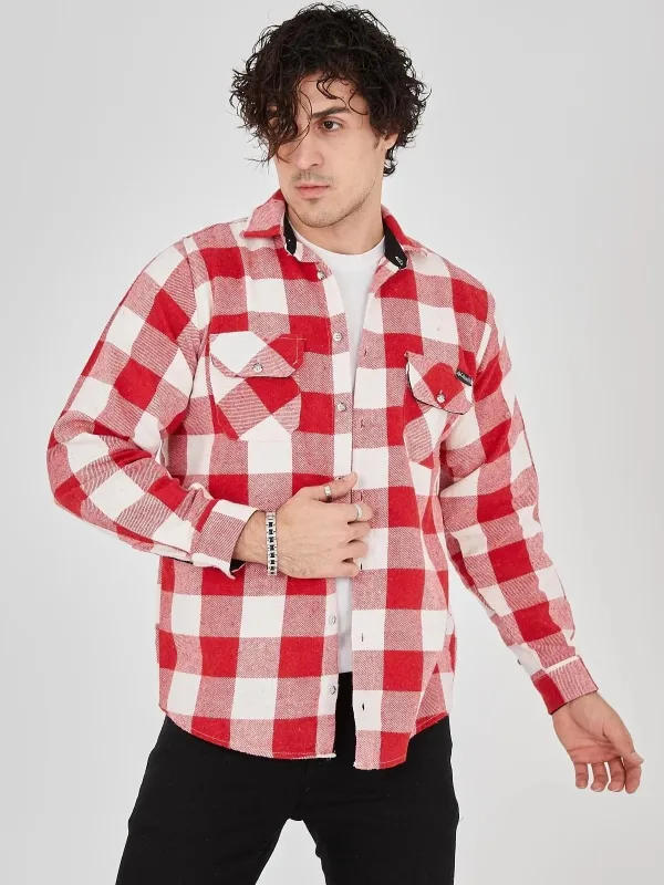 Męski Różowy Regular Fit Szardonowana Kraciasta Długi Rękaw Koszula Flanelowa 6