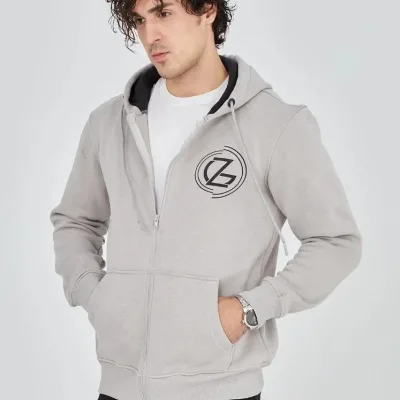 Burra Ngjyrë Gri E Lyer 3 Fije Pambuku Me Kapuç Me Zinxhir Me Printim Hoodie 5