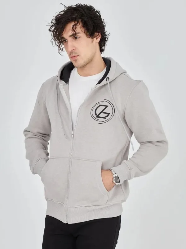 Burra Ngjyrë Gri E Lyer 3 Fije Pambuku Me Kapuç Me Zinxhir Me Printim Hoodie 5
