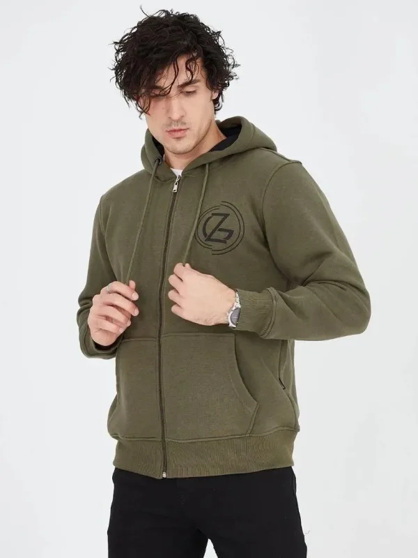 Men's Green 3-Thread Cotton Zippered Hooded Printed Hoodie 5