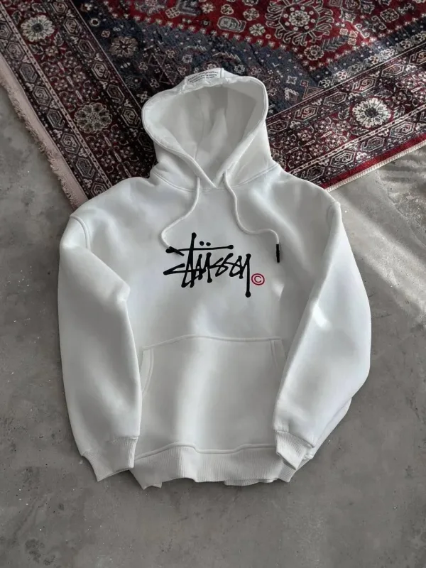 Dámská bílá oversized mikina s kapucí s kapsami potištěná bavlněná 2