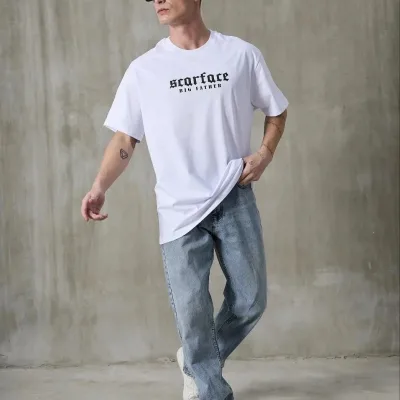Машки бел oversize велосипед јака печатена летна маица 1