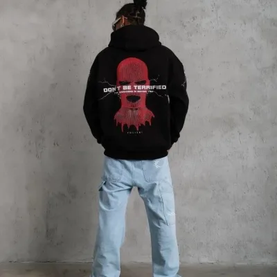 Машки црн Oversize 3-нишки памучен дукс со качулка, печатење и џеб 4