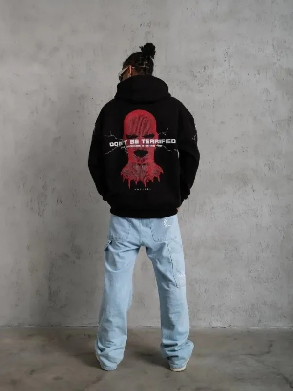 Машки црн Oversize 3-нишки памучен дукс со качулка, печатење и џеб 4