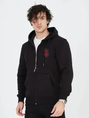 Férfi fekete 3 szálas pamut teljesen cipzáras kapucnis zsebes sweatshirt