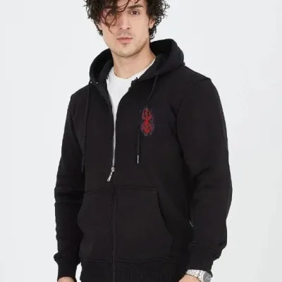 Férfi fekete 3 szálas pamut teljesen cipzáras kapucnis zsebes sweatshirt 1