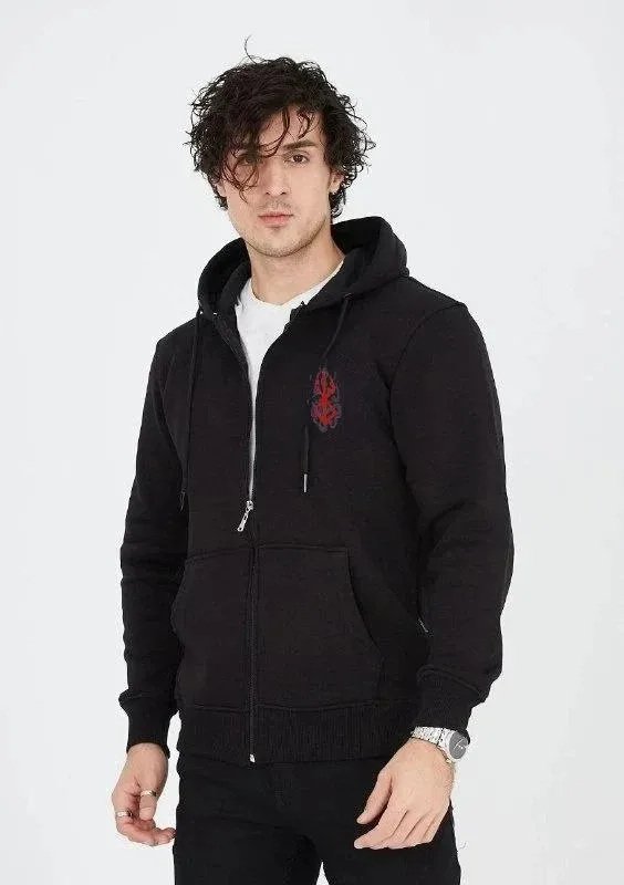 Férfi fekete 3 szálas pamut teljesen cipzáras kapucnis zsebes sweatshirt 1