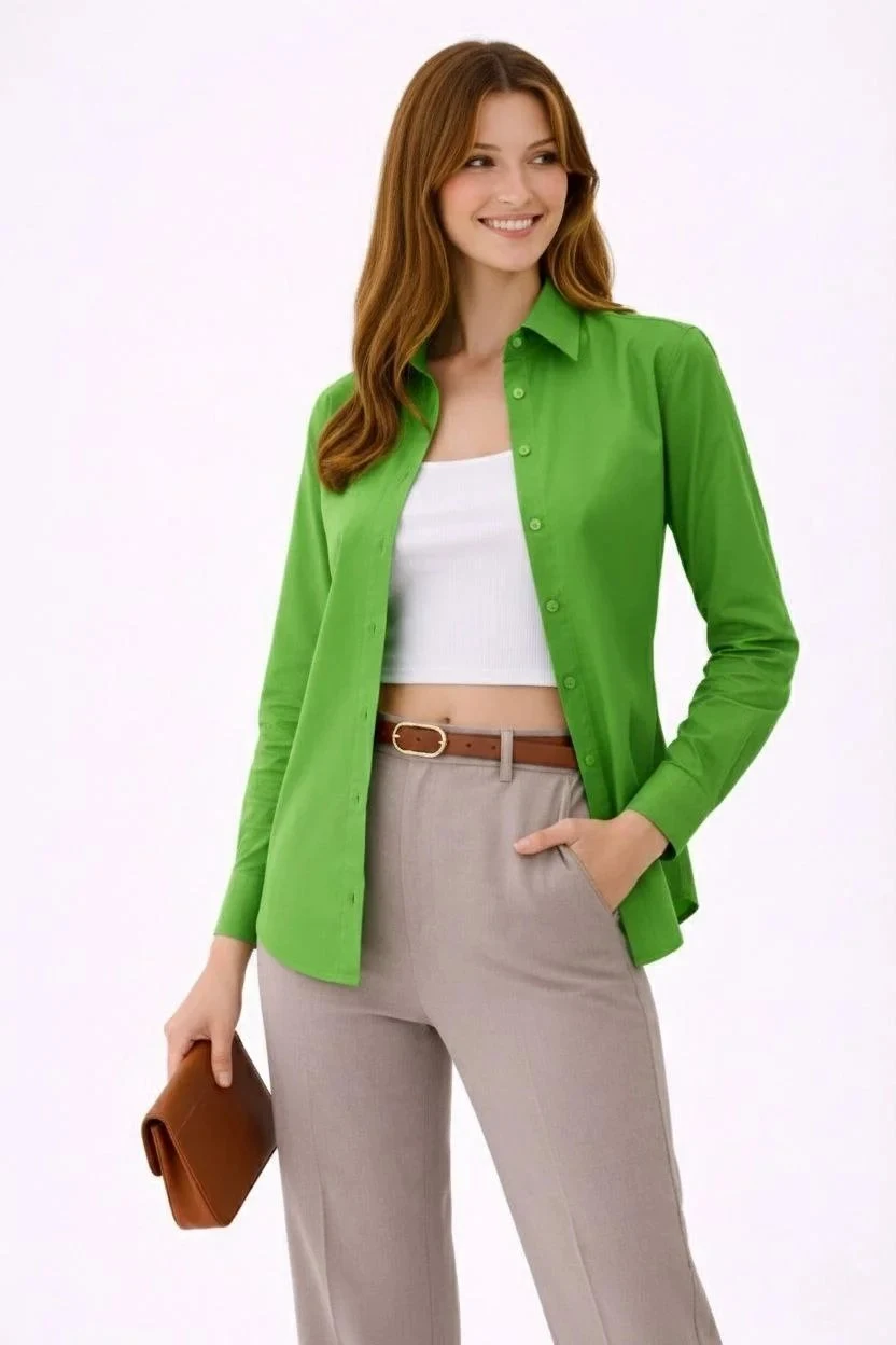 Women's Green Regular Classic Collar Buttoned Long Sleeve Shirt