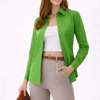 Women's Green Regular Classic Collar Buttoned Long Sleeve Shirt 1