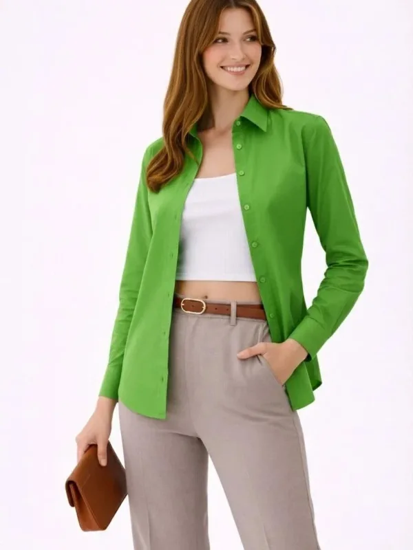 Women's Green Regular Classic Collar Buttoned Long Sleeve Shirt 1