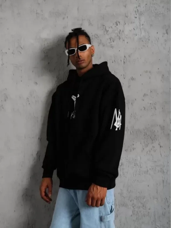 Burrë i zi Oversize 3 fije pambuk me kapuç kanguri të printuar Sweatshirt 3