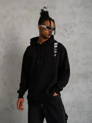 Men's Black Oversize 3-Thread Cotton Hooded Printed Sweatshirt