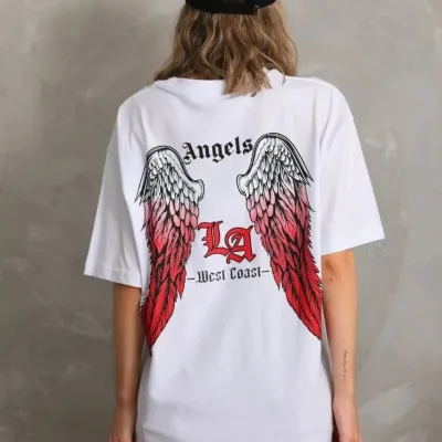 Damski oversize T-shirt biały, dekolt w serek, nadruk 7