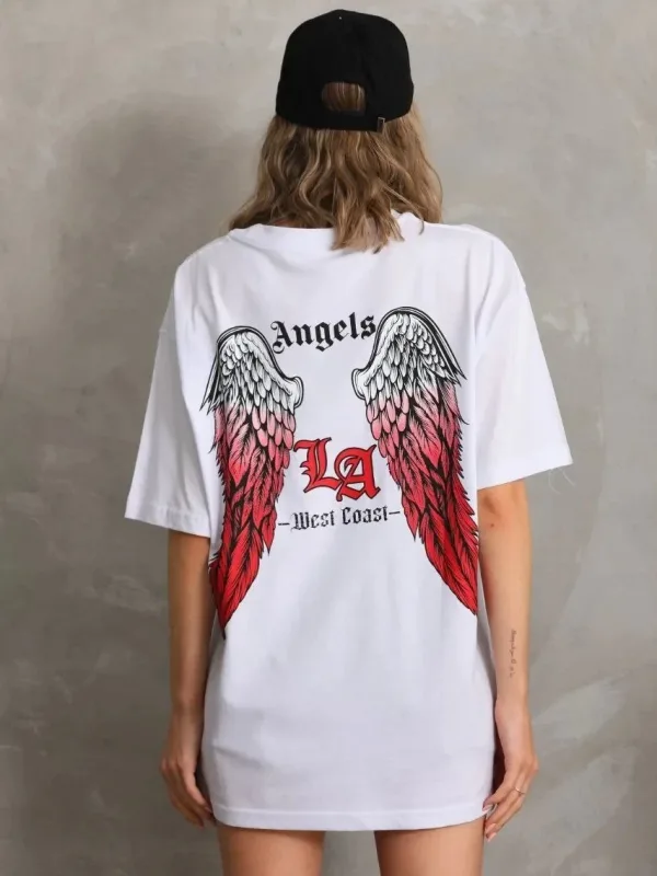 Damski oversize T-shirt biały, dekolt w serek, nadruk 7