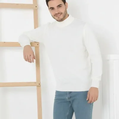 Pánsky biely polovičný golier tenký bavlnený tričkový dlhý rukáv sveter 1